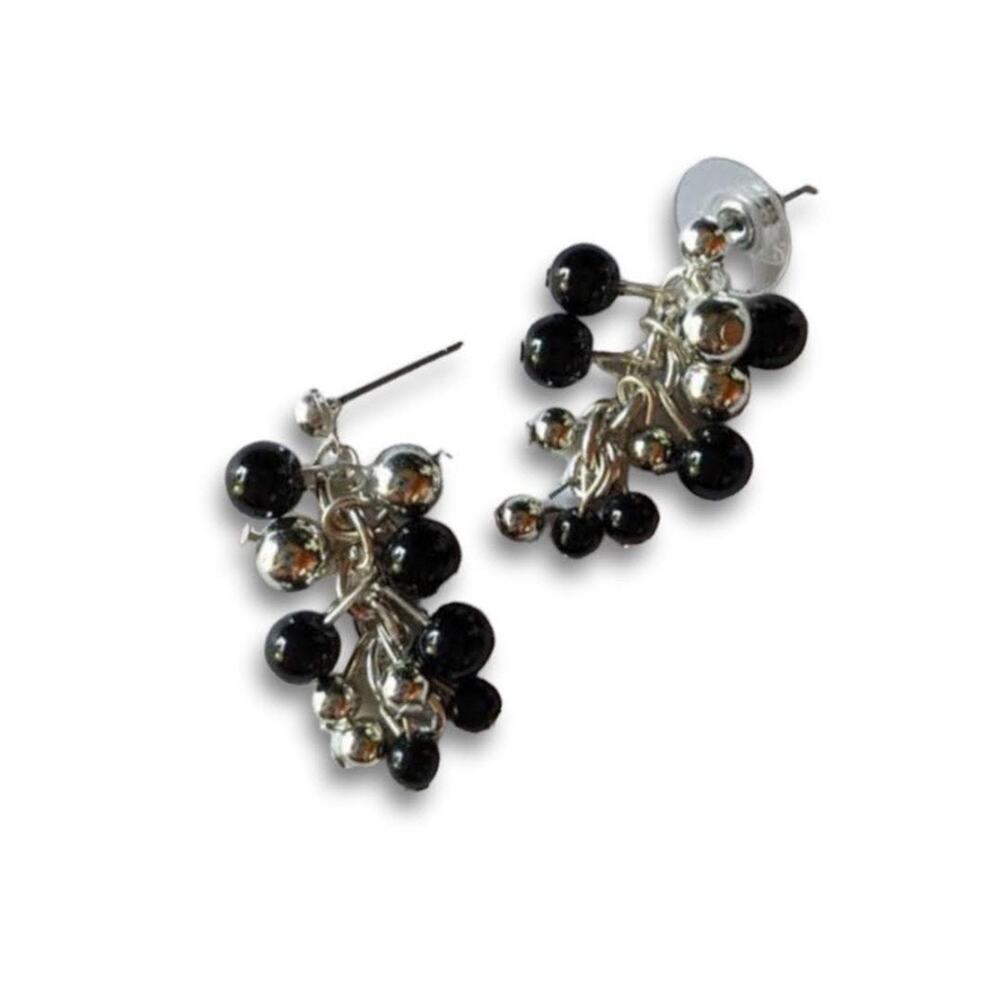 Shiny black and silver multi-dangle post earrings